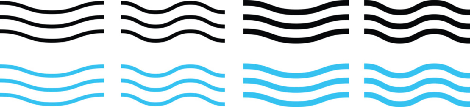 Water waves icon set. ocean sea fluid flow liquid symbols. Nautical ripple movement nature and aquatic patterns