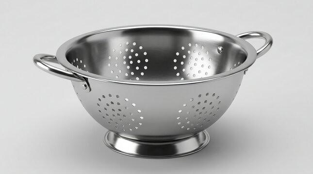 Stainless steel colander with handles, featuring circular perforations for draining liquids, placed on a plain surface.