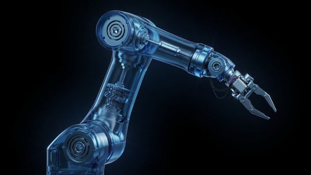 Translucent blue robotic arm with mechanical gripper on black background