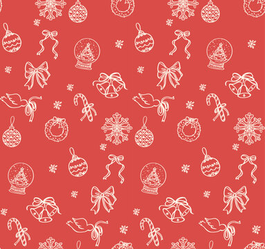 Red Christmas seamless pattern featuring hand drawn ornaments, bows, bells and snowflakes. festive background vector illustration.