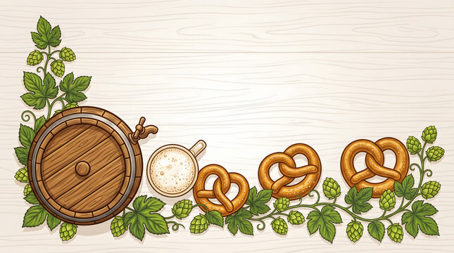 L-shaped corner vector composition featuring a beer keg, glass stein with foam, pretzels, and green hops with ample copy space