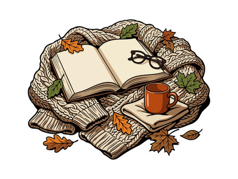 Cozy Autumn Reading Composition with Book Mug and Knit Sweater