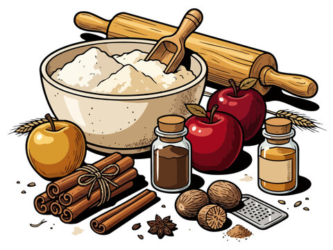 Autumn Baking Ingredients with Flour Apples and Spices Illustration