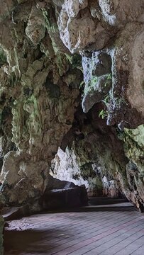Interior view of an ancient limestone cave path with green moss on rock formations.