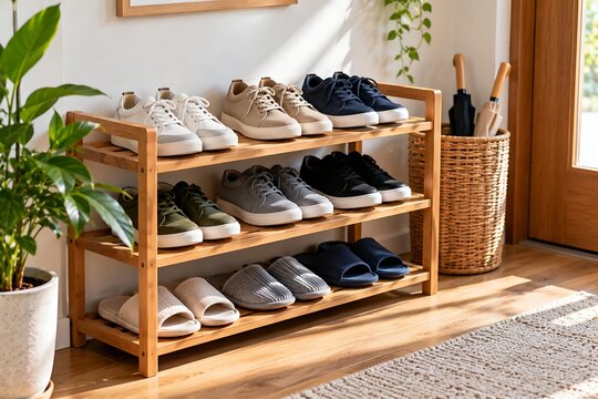 Wooden shoe rack with various footwear in entryway