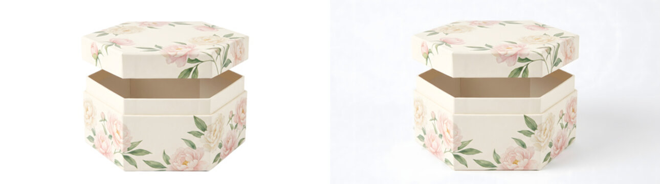 Hexagonal box with lifted lid featuring watercolor pink and cream peony flowers with green leaves on ivory cardboard for luxury gift packaging mockup