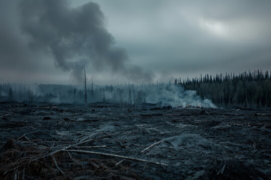 Smoky deforested landscape under cloudy sky