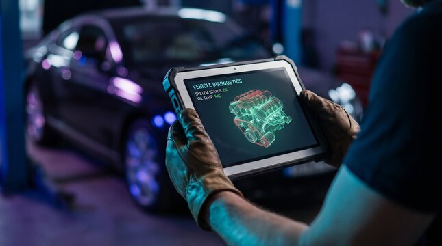 Automotive mechanic using digital diagnostic tablet in repair shop to analyze engine telemetry data and identify mechanical issues for preventative vehicle maintenance and improved driving safety