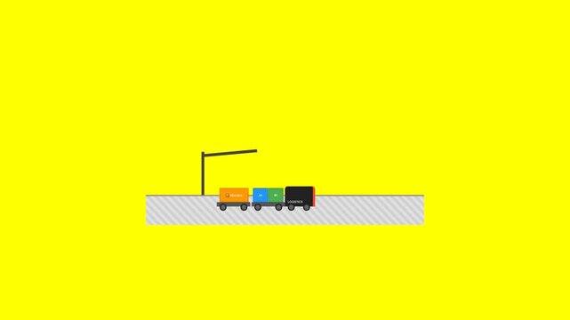 Minimalist pixel art cargo trains moving on yellow background