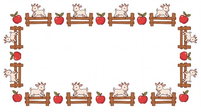 Cute cartoon farm goat and red apple vector border template