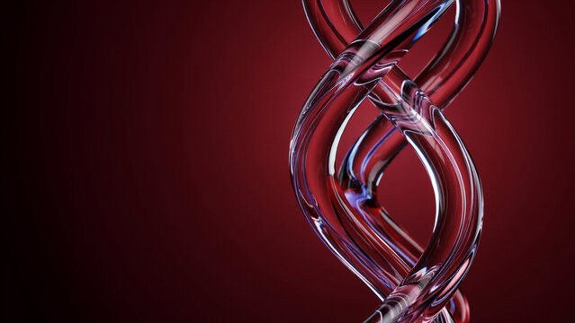 Twisted transparent glass tubes in a spiral shape with red lighting on a dark red gradient background