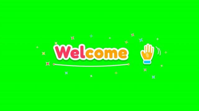 Welcome text animation with waving hand on green screen