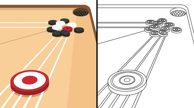 Traditional carrom board game vector illustration, wooden tabletop board with striker and coins, coloring book page for indoor sports and leisure activities