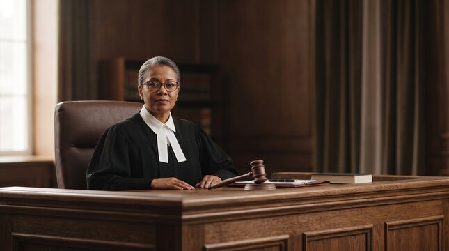 Female judge in black robe presiding in courtroom at desk