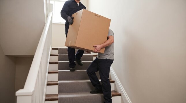 Two movers carrying a large box up the stairs inside a house