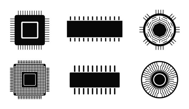 Microchip vector icons with black processor designs, electronic circuit board symbols, semiconductor components, computer hardware, digital technology, circuitry, and engineering concepts.