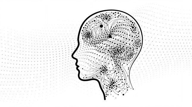 Minimalist neural network illustration of a human head profile, conceptual brain activity and artificial intelligence, digital mind concept
