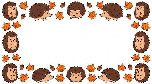 Cute autumn hedgehog and maple leaf vector border frame template