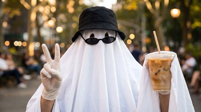  Halloween Trendy ghost costume.  Halloween Trendy ghost costume person wearing sunglasses and bucket hat holding iced coffee
