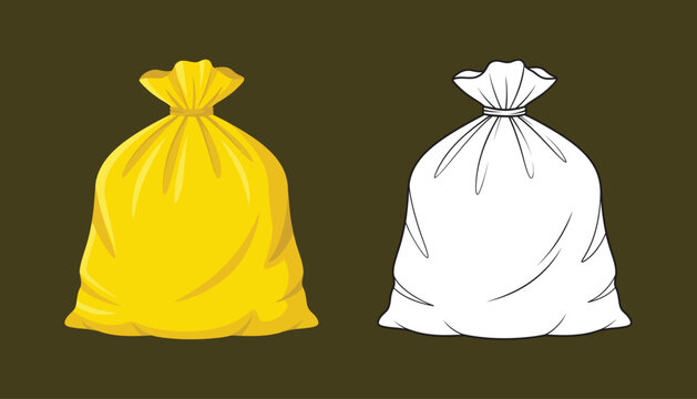 Yellow plastic garbage bag with twisted top and outline version for waste disposal and trash collection.