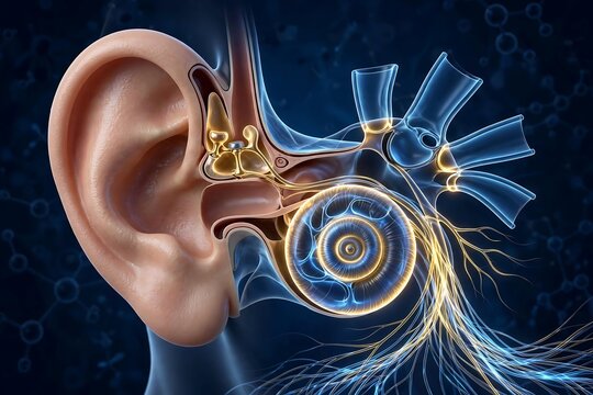 Anatomical illustration of the human ear and auditory system