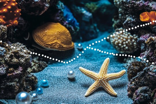 Underwater starfish and pearls on sandy ocean floor
