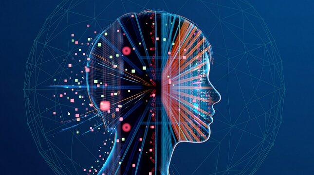 Artificial intelligence concept with digital human head silhouette, neural network brain data visualization, futuristic technology background