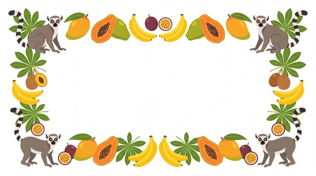 Cute Lemur and Tropical Fruit Frame Border Template with Copy Space
