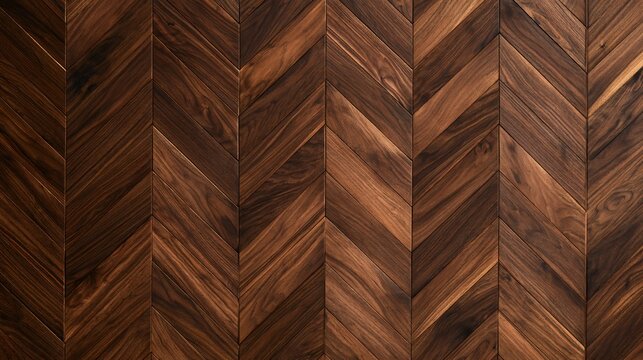 Smoked walnut arranged in a large herringbone pattern creates a sophisticated modern autumn wood background with subdued reflections and warm highlights emphasizing the precise craftsmanship
