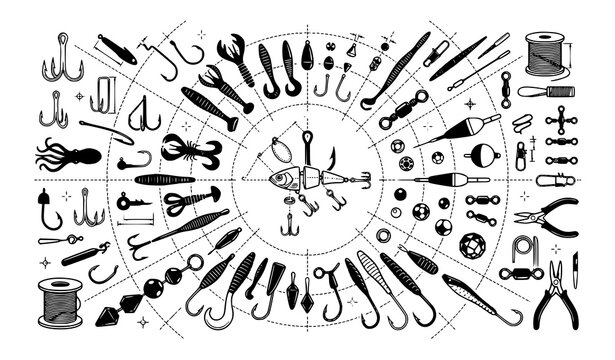 Balanced fishing tackle bait hooks and outdoor gear technical vector set