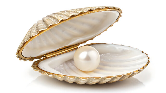 Open clam shell with a shiny white pearl isolated on a transparent