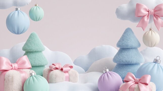 Dreamy pastel winter scene with fluffy Christmas trees, snowy hills, hanging ornaments, oversized bows and wrapped gifts. Soft blue, pink and mint colors create an elegant festive background with spac
