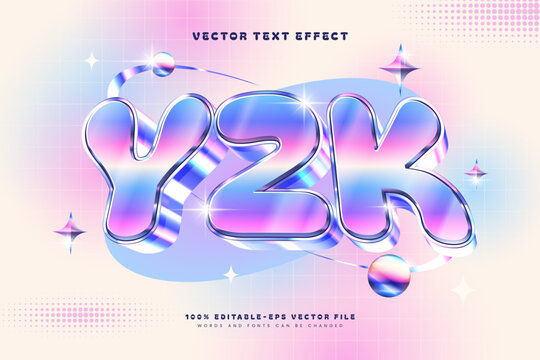 Editable vector text effect with a glossy Y2K chrome and pastel futuristic concept, suitable for posters, stickers, and promotional designs.