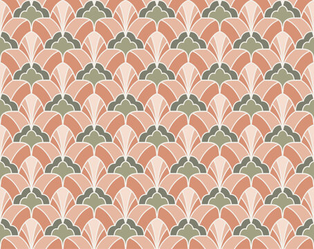 Art Deco Fan Geometric Peach Green Seamless Vector Pattern