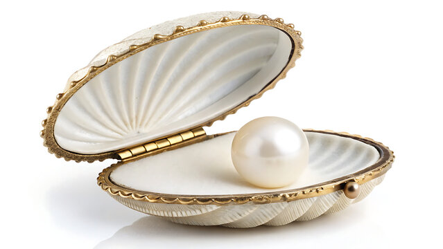 Open vintage clam seashell with a single white pearl isolated on a