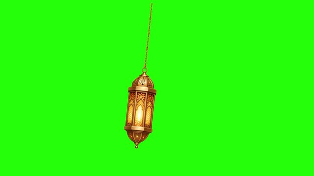 Golden Arabic Lantern Swinging With Glowing Light On Green Screen
