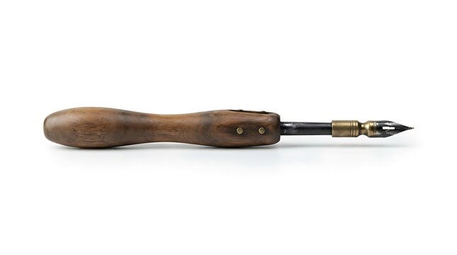 Antique Dip Pen with Wooden Handle and Metal Nib Isolated on White Background for Calligraphy