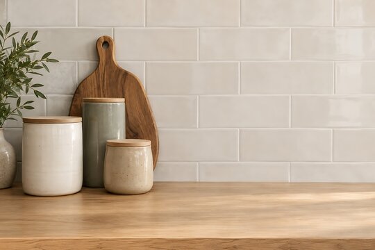 Ceramic kitchen canisters and wooden board on a rustic countertop with tile wall