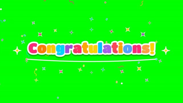 Colorful congratulations text with confetti on green screen background