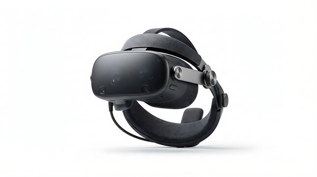 Modern VR headset with adjustable fabric head strap isolated on white background, professional 3D render for virtual reality technology