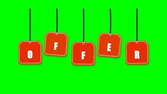 Five orange-red hanging price tags spelling OFFER with black ropes, stitched borders and metallic eyelets, animated with sequential drop, pendulum wav.