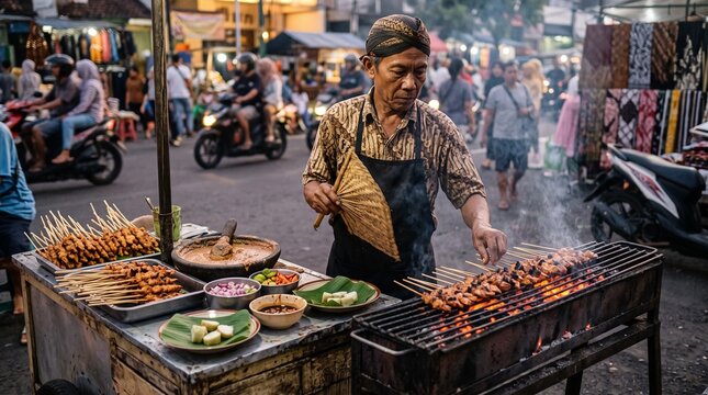 Indonesian street food vendor grilling chicken satay skewers over hot charcoal in a traditional night market with smoke and peanut sauce.
