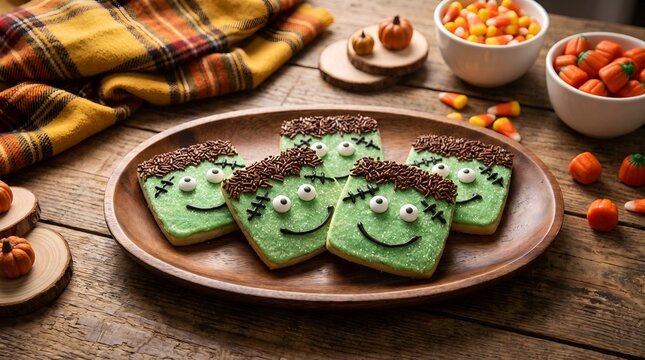 Frankenstein monster themed green cookies served on a wooden plate with handmade