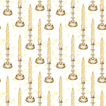 Seamless Victorian Halloween watercolor pattern with golden candles, antique candlesticks and yellow stars in mystical gothic style. Ideal for textile, wallpaper, packaging and festive decor.