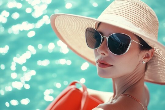 Elegant woman in sunglasses and hat by the water
