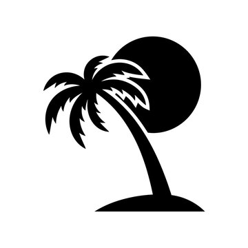 Palm tree silhouette on tropical island with sun icon