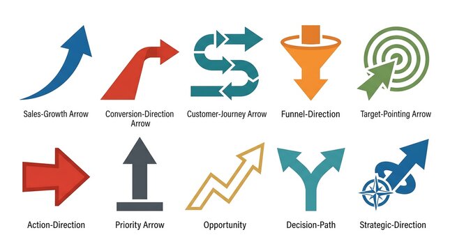 Collection of colorful arrow and chart icons representing direction growth and strategic planning concepts