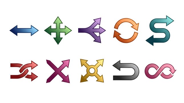 Collection of colorful 3d arrow and symbol icons representing direction movement and infinity