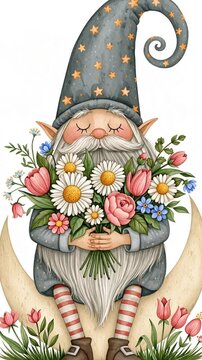 A cute cartoon romantic gnome sits on a crescent moon with a bouquet of flowers, animation