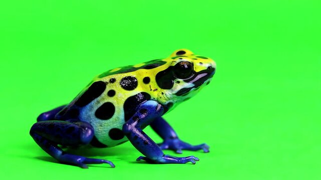 Vibrant poison dart frog hopping on a solid green screen background for easy compositing and visual effects